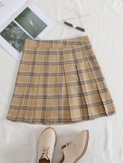 gbolsos  Plaid Print Pleated Skirt, Casual Every Day Mini Skirt, Women's Clothing