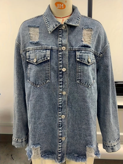 Dark Blue Raw Hem Denim Jackets, Long Sleeves Ripped Holes Flap Pockets Lapel Denim Coats, Women's Denim Clothing