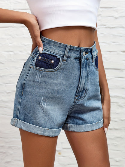 gbolsosRipped Roll Up Hem High Waist Denim Shorts, Water Embossed Crotch Vintage Color Block Pants, Women's Denim Jeans & Clothing