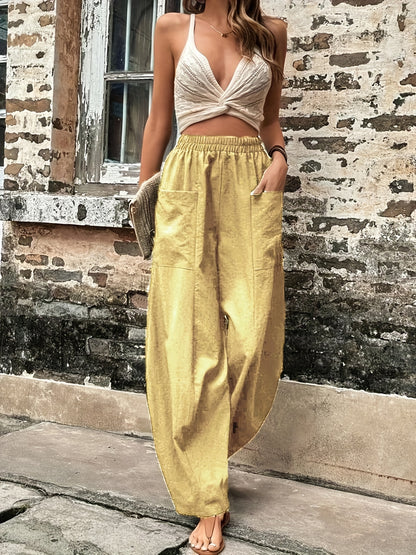 gbolsos  Boho Solid Elastic Waist Harem Pants, Casual Long Length Baggy Pants With Pockets For Spring & Summer, Women's Clothing