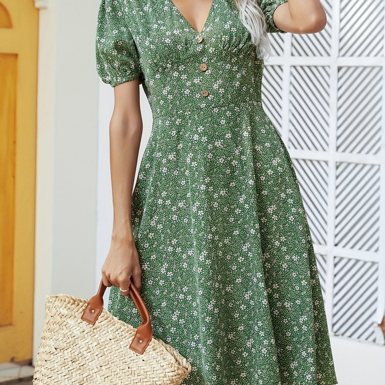 gbolsos  Floral Print Button V Neck Dress, Casual Short Sleeve Dress For Spring & Summer, Women's Clothing