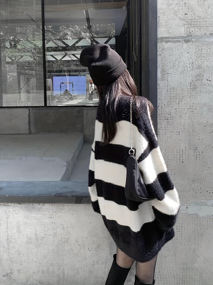 Color Block Striped Knit Sweater, Casual Crew Neck Long Sleeve Sweater For Spring & Fall, Women's Clothing