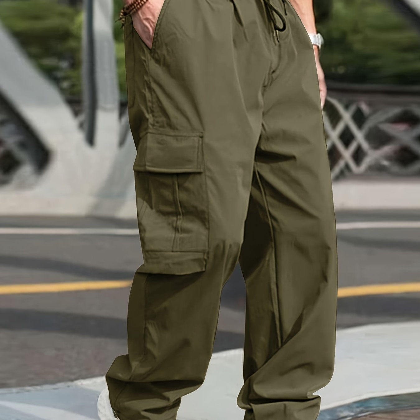 gbolsos  Trendy Solid Cargo Pants, Men's Multi Flap Pocket Trousers, Loose Casual Outdoor Baggy Pants, Men's Work Pants Outdoors Streetwear Hip Hop Style