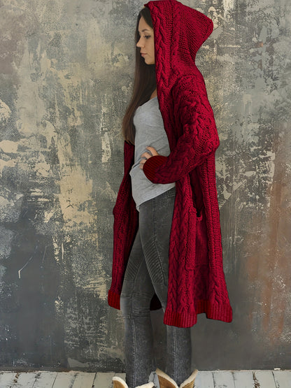 Chunky Knit Hooded Cardigan, Solid Long Open Front Sweater, Casual Cardigan For Fall & Winter, Women's Clothing
