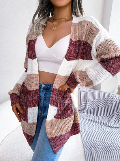 gbolsos  Striped Knit Open Cardigan, Long Sleeve Open Front Sweater, Casual Tops For Fall & Winter, Women's Clothing