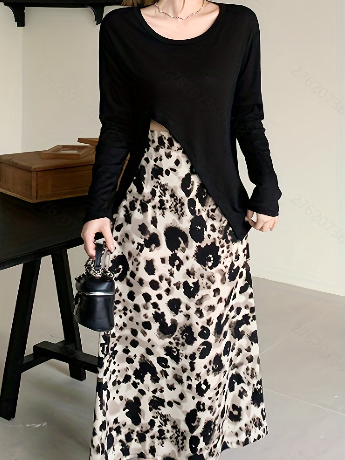 gbolsos  Leopard Print Split Mid Skirt, Casual High Waist Skirt For Spring & Summer, Women's Clothing