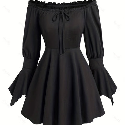 gbolsos  Tie Front Flared Sleeve Dress, Elegant Lettuce Trim A Line Dress, Women's Clothing