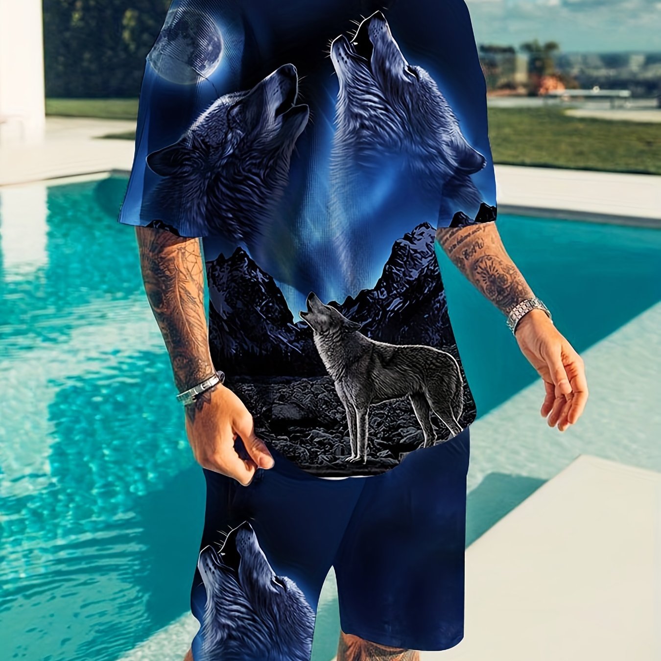 gbolsos   3D Wolf Pattern Print, Men's 2Pcs Outfits, Casual Crew Neck Short Sleeve T-shirt And Drawstring Shorts Set For Summer, Men's Clothing Loungewear