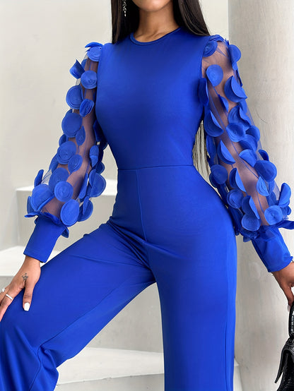 gbolsos  Applique Mesh Splicing Solid Jumpsuit, Elegant Crew Neck Lantern Sleeve Jumpsuit For Spring & Fall, Women's Clothing