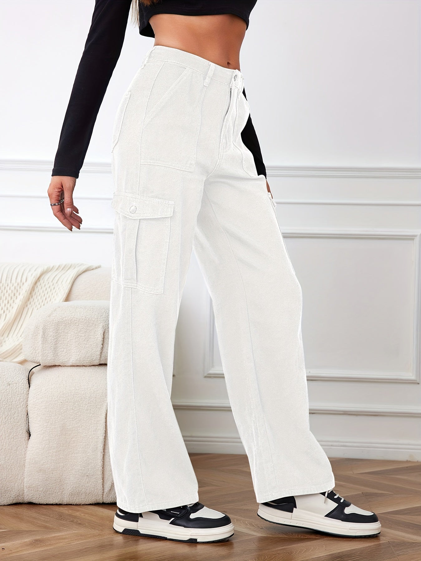 gbolsos Plain White Side Flap Pocket Cargo Jeans, High Rise Casual Loose Fit Denim Pants, Women's Denim Jeans & Clothing