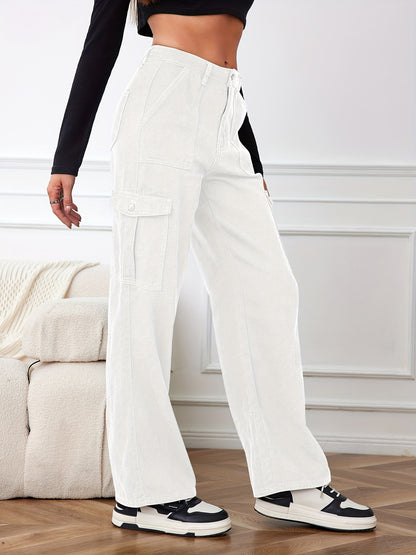 gbolsos Plain White Side Flap Pocket Cargo Jeans, High Rise Casual Loose Fit Denim Pants, Women's Denim Jeans & Clothing