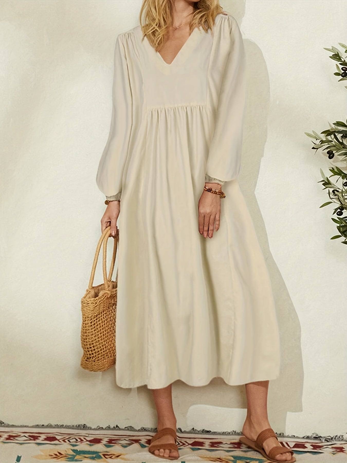 gbolsos  Long Sleeve Loose Dress, V Neck Casual Dress For Spring & Fall, Women's Clothing