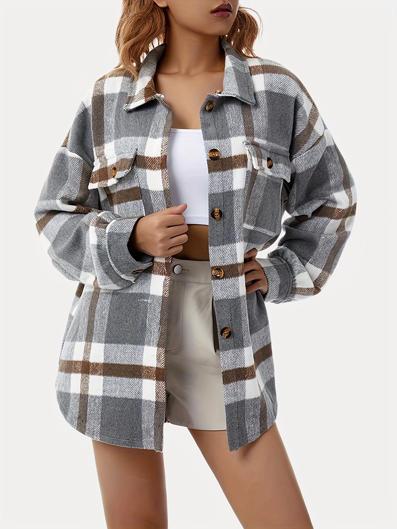 gbolsos  Plaid Print Shacket Jacket, Casual Button Front Long Sleeve Collared Outerwear, Women's Clothing