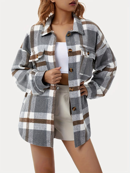 gbolsos  Plaid Print Shacket Jacket, Casual Button Front Long Sleeve Collared Outerwear, Women's Clothing