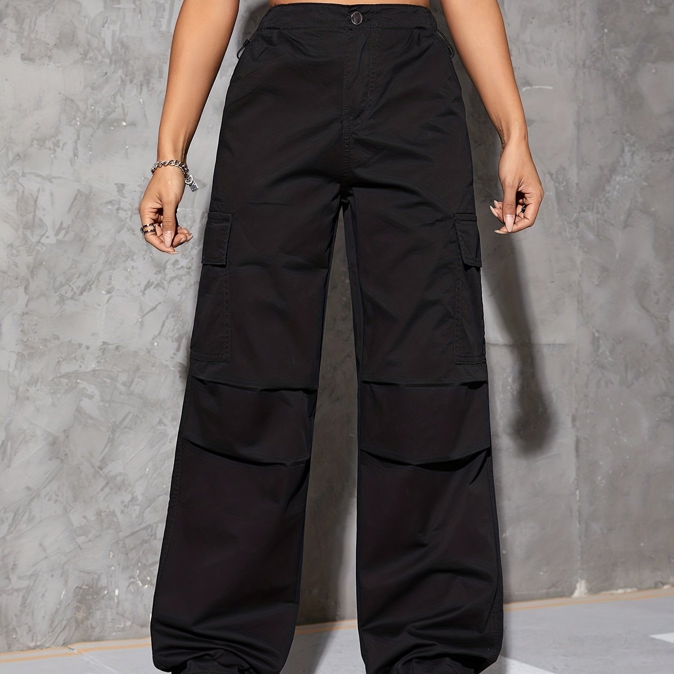 gbolsos  Plain Drawstring Casual Cargo Pants, Loose Fit Flap Pockets Parachute Pants, Women's Denim Jeans & Clothing