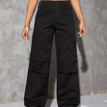 gbolsos  Plain Drawstring Casual Cargo Pants, Loose Fit Flap Pockets Parachute Pants, Women's Denim Jeans & Clothing