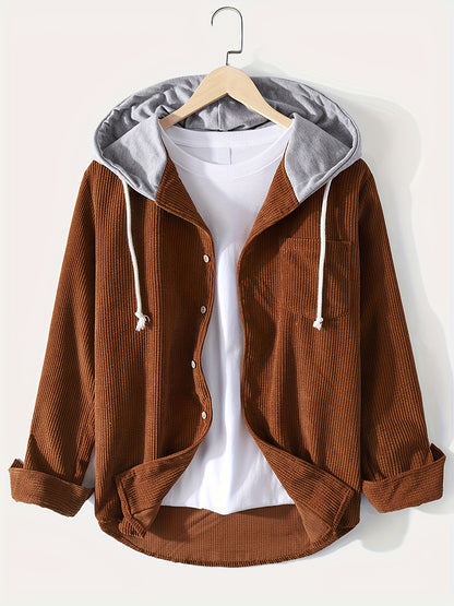 gbolsos  Corduroy Men's Casual Comfy Long Sleeve Hooded Shirt, Men's Fall Winter Color Block Outwear