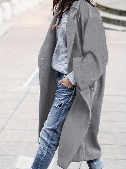 gbolsos  Plus Size Elegant Coat, Women's Plus Solid Long Sleeve Lapel Collar Single Breasted Longline Overcoat