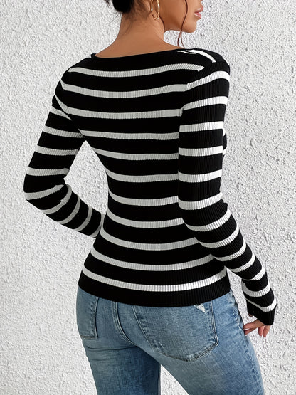 Striped Print Knit Sweater, Sexy Slim Crew Neck Long Sleeve Sweater, Women's Clothing