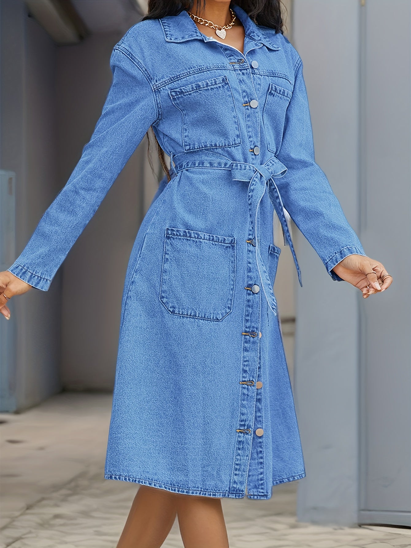 gbolsos  Blue Long Sleeves Denim Dress, Patch Pockets Single Breasted Button With Waistband Lapel Denim Dress, Women's Denim Clothing