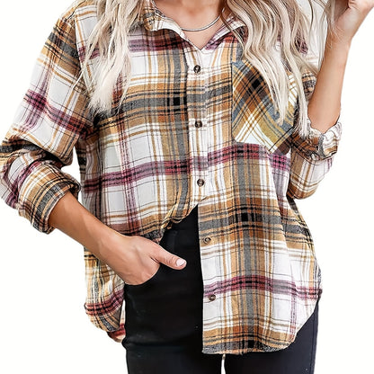 gbolsos  Plaid Button Front Pocket Shirt, Casual Long Sleeve Shirt For Spring & Fall, Women's Clothing