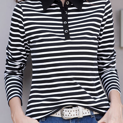 gbolsos  Striped Print Button Front T-Shirt, Casual Long Sleeve T-Shirt For Spring & Fall, Women's Clothing