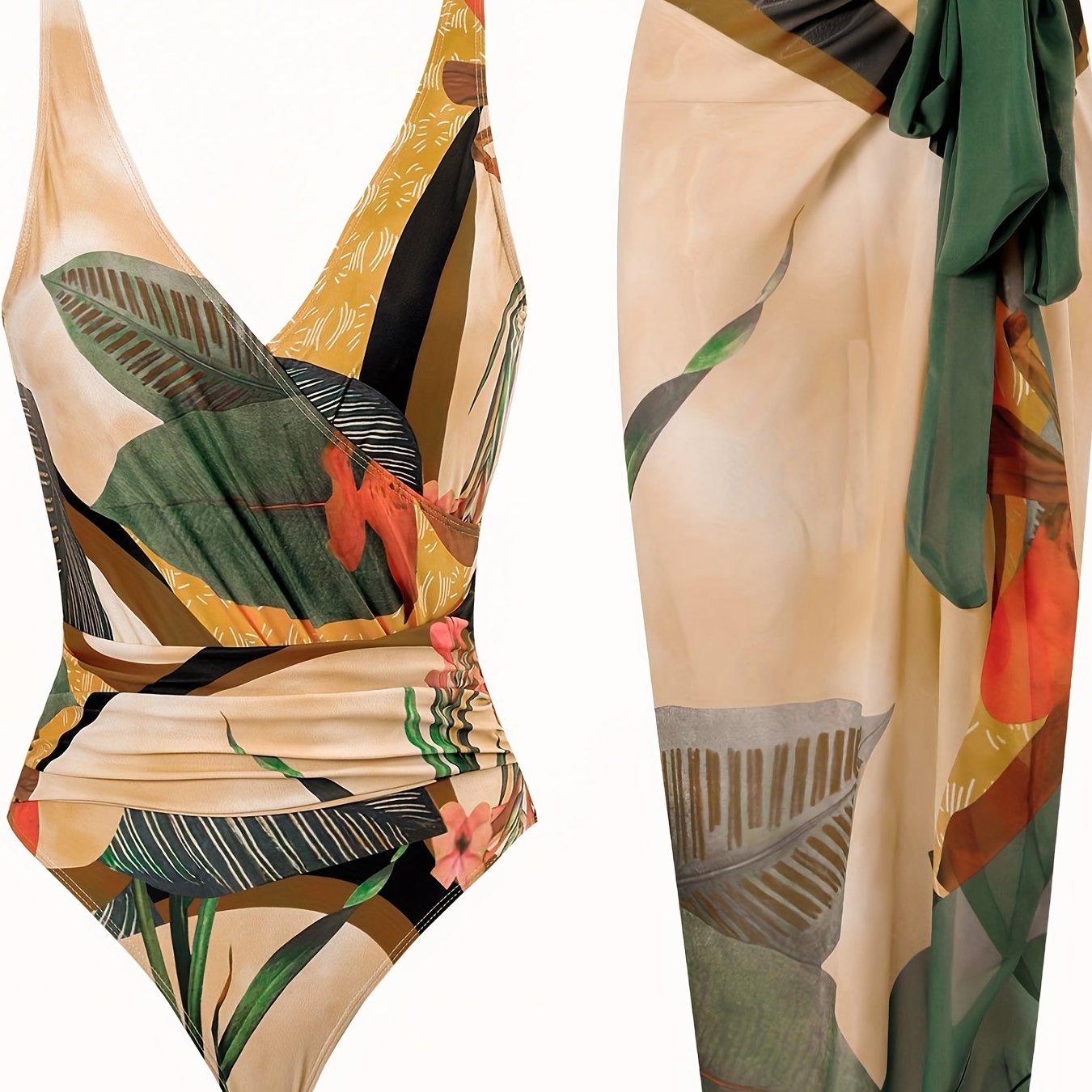 Tropical Print Two Pieces Swimsuit, V Neck Tummy Control High Cut With Cover Up Wrap Swimsuit, Women's Swimwear & Clothing
