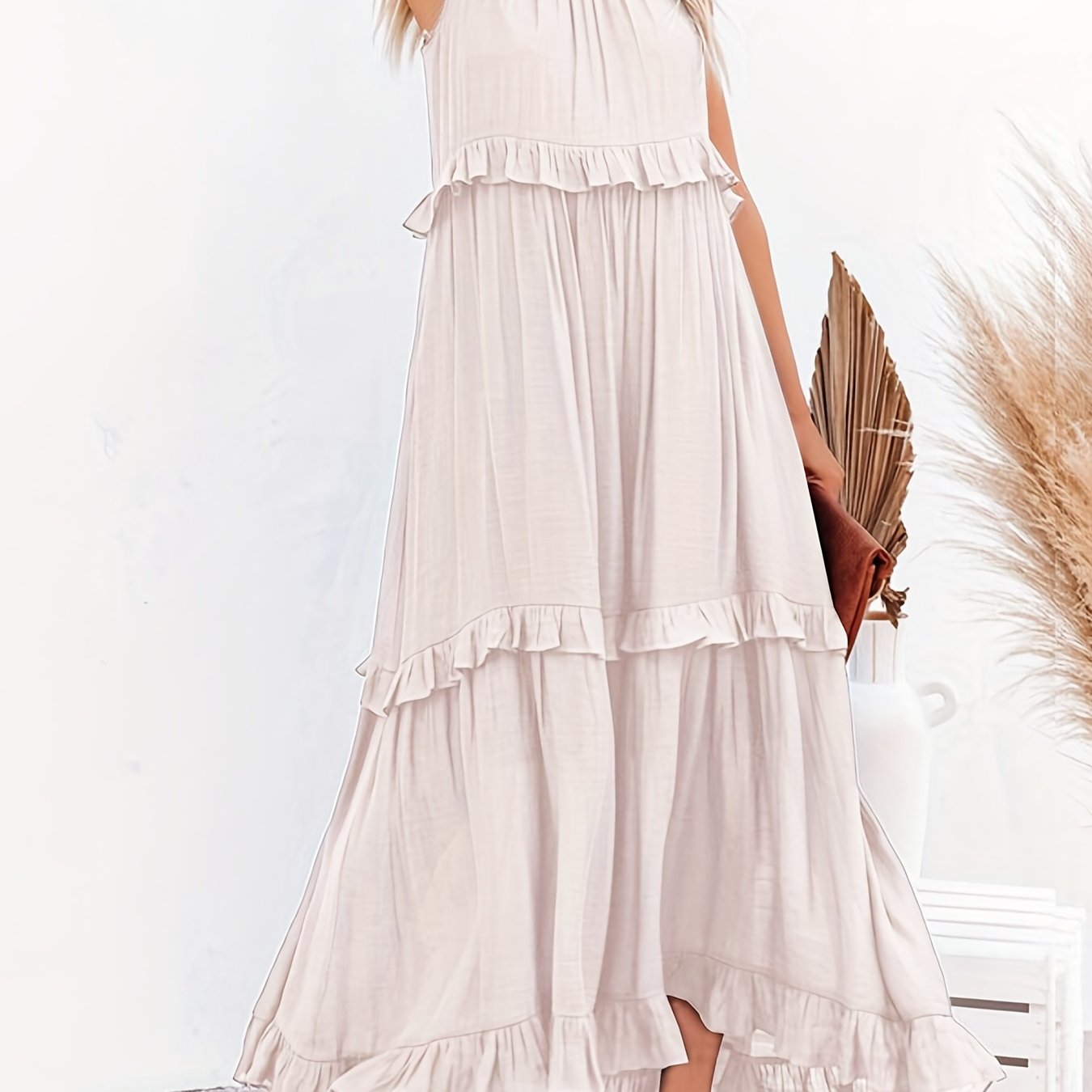 gbolsos  Tiered Ankle Tank Dress, Casual Backless Halter Neck Dress For Summer, Women's Clothing