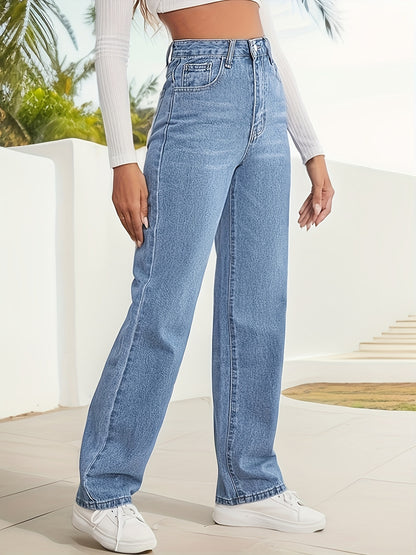 gbolsos  High Waist Whiskering Light Wash Mom Jeans, Water Ripple Embossed Loose Straight Leg Denim Pants, Women's Denim Jeans & Clothing