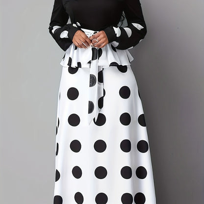 gbolsos  Color Block Polka Dot V Neck Long Sleeve Dress, Elegant High Tie Waist Flared Maxi Dress, Women's Clothing