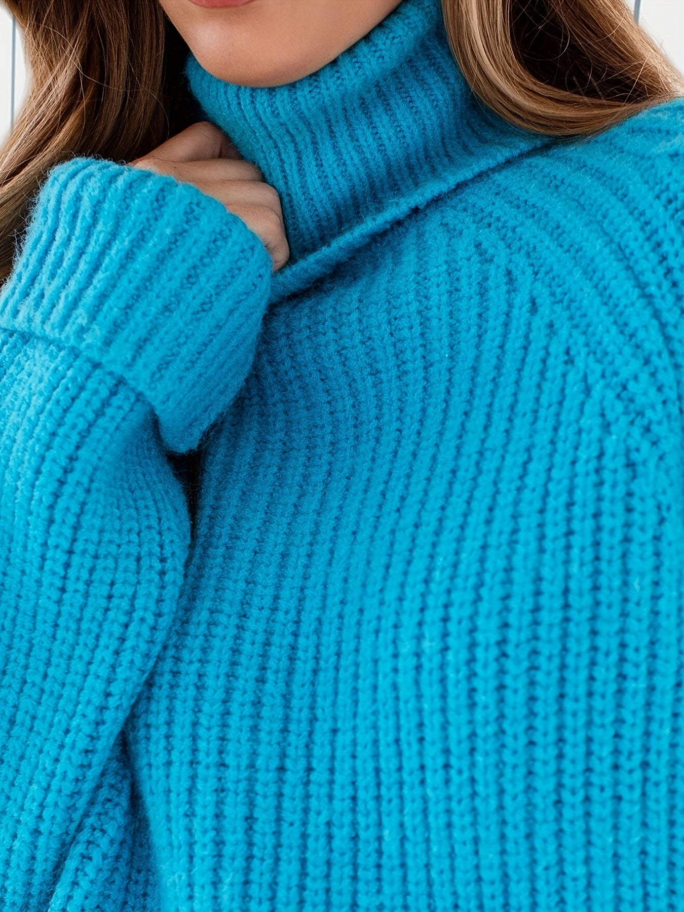 2025 gbolsos  Solid Turtle Neck Rib Knit Sweater, Elegant Long Sleeve Raglan Shoulder Sweater, Women's Clothing