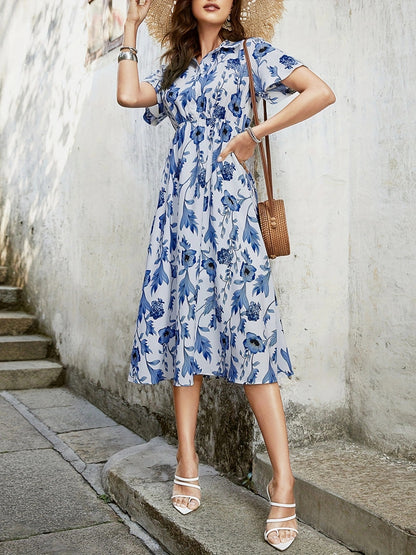 Floral Print High Waist Dress, Elegant Short Short Sleeve Midi Dress, Women's Clothing