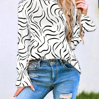 gbolsos  Abstract Ripple Print Stand Collar Blouse, Casual Long Sleeve Blouse, Women's Clothing