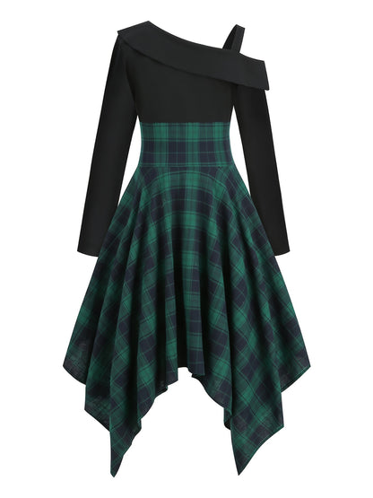 gbolsos  Plaid Asymmetrical Hem Dress, Vintage Cold Shoulder Long Sleeve Dress, Women's Clothing