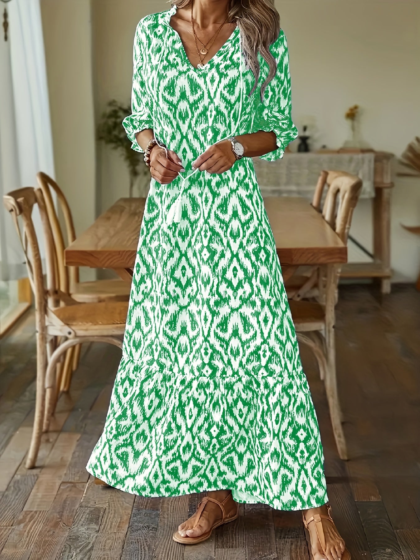Allover Print Tassel V-Neck Dress, Boho Half Sleeve Dress, Women's Clothing