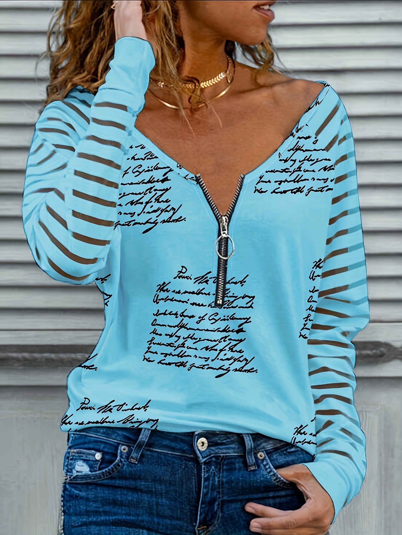 gbolsos Letter Print Zipper T-shirt, Casual V Neck Long Sleeve T-shirt For Spring & Fall, Women's Clothing