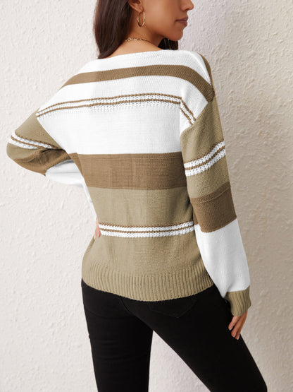 Color Block V Neck Pullover Sweater, Casual Long Sleeve Comfy Sweater, Women's Clothing