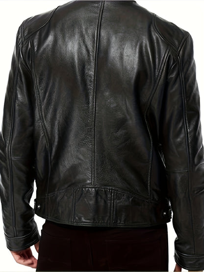 gbolsos  Chic PU Jacket, Men's Casual Solid Color Zip Up Stand Collar Faux Leather Jacket For Spring Fall