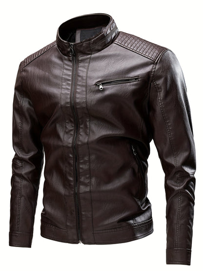 gbolsos  Vintage PU Leather Jacket, Men's Casual Zip Up Stand Collar Faux Leather Jacket For Spring Fall Outdoor