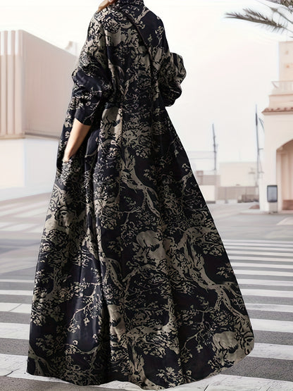 gbolsos  Vintage Graphic Print V-neck Dress, Elegant Long Sleeve Maxi Dress For Spring & Fall, Women's Clothing