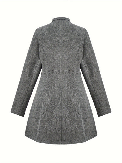 Plus Size Casual Coat, Women's Plus Solid Long Sleeve Button Up Lapel Collar Nipped Waist Tunic Woolen Coat