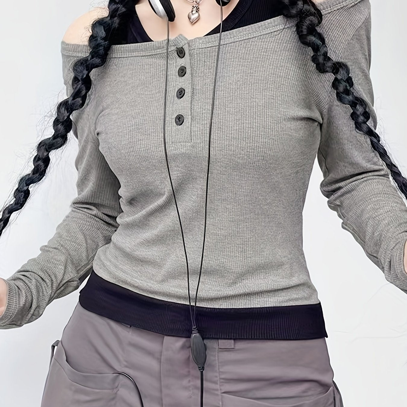kkboxly  2 In 1 Ribbed Button Front Crew Neck T-Shirt, Casual Long Sleeve T-Shirt For Spring & Fall, Women's Clothing
