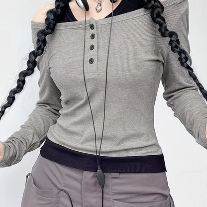 kkboxly  2 In 1 Ribbed Button Front Crew Neck T-Shirt, Casual Long Sleeve T-Shirt For Spring & Fall, Women's Clothing