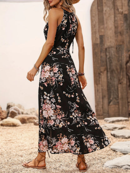 gbolsos  Floral Print Split Halter Neck Dress, Sexy Halter Dress For Spring & Summer, Women's Clothing