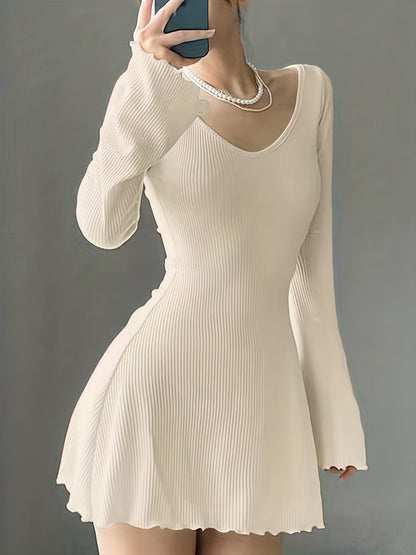 gbolsos  Lettuce Trim Solid Dress, Elegant Crew Neck Long Sleeve Dress, Women's Clothing