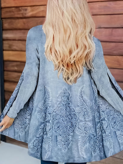 gbolsos  Graphic Print Open Front Cardigan, Casual Long Sleeve Cardigan For Spring & Fall, Women's Clothing