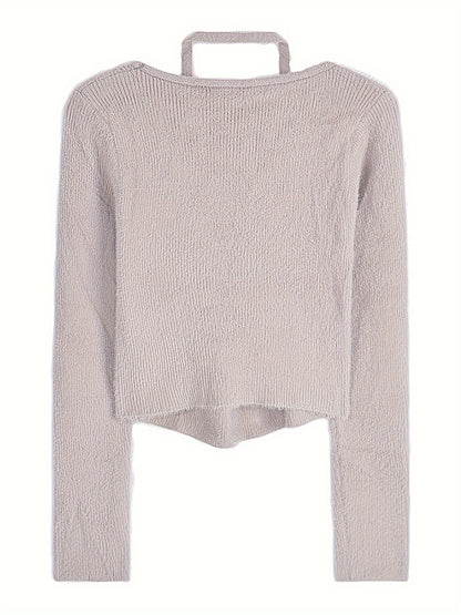 gbolsos  Solid Slim Halter Pullover Sweater, Casual Long Sleeve Cozy Sweater For Spring & Fall, Women's Clothing