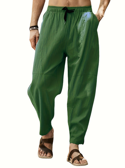 gbolsos  Breathable Baggy Loose Fit Pants, Men's Casual Solid Color Cotton Blend Drawstring Pants For Spring Summer