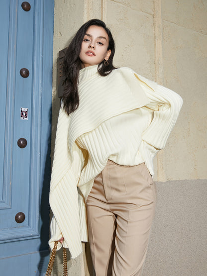 gbolsos  Turtleneck Irregular Shawl Sweater, Casual Long Sleeve Loose Fall Winter Shawl Knit Sweater, Women's Clothing