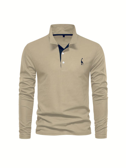 gbolsos  Men's Solid Giraffe Embroidery Long Sleeve Tennis Shirts, Slight Stretch All-match Fashion Men's Top
